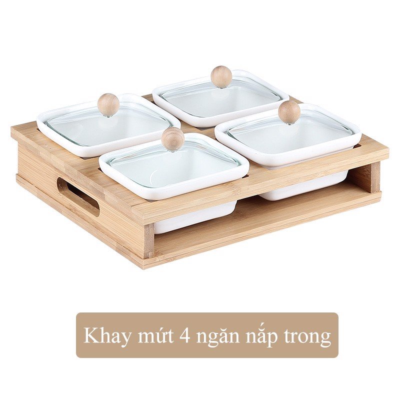 Khay sứ đựng mứt nắp tre có tay cầm cao cấp